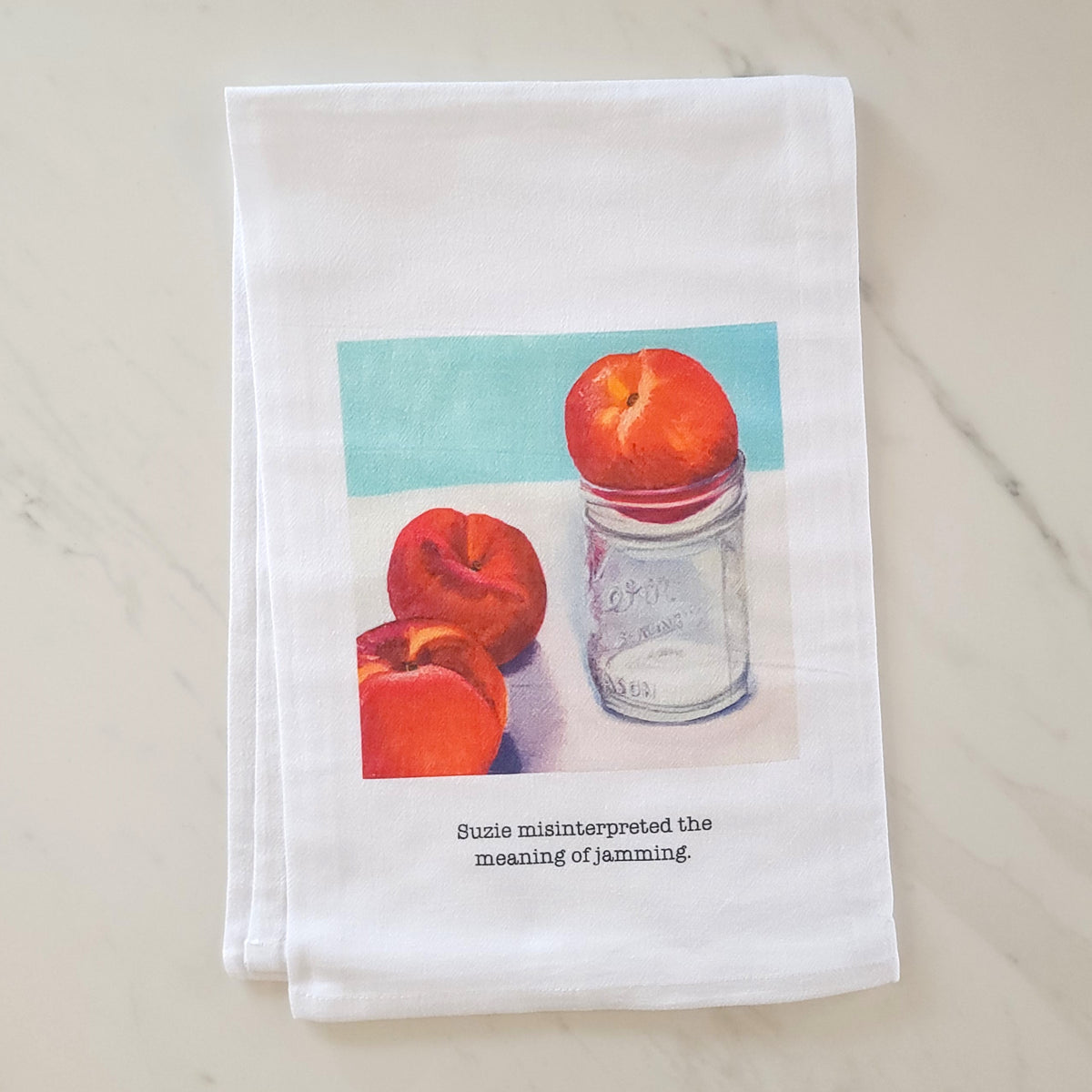 "Suzie  Misinterpreted" Peaches Tea Towel